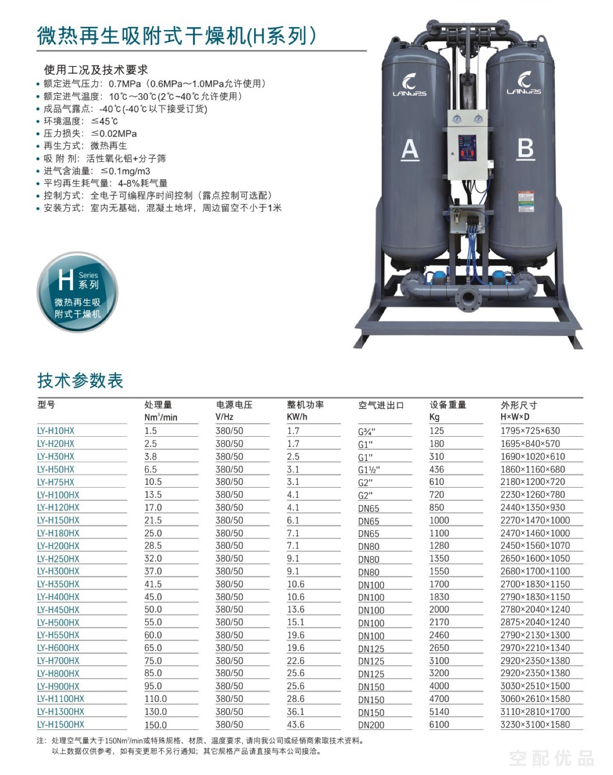 中山凌宇LY-H100HX/13.5立方微热再生吸附式干燥机/吸干机