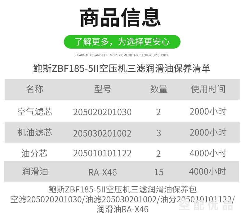 鲍斯ZBF185-5II空压机配件三滤+油保养包205010101122/205020201030/205030201002/RA-X46
