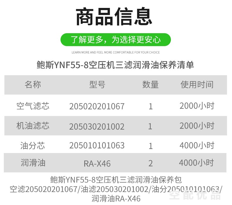 鲍斯YNF55-8空压机配件三滤+油保养包205010101063/205020201067/205030201002/RA-X46