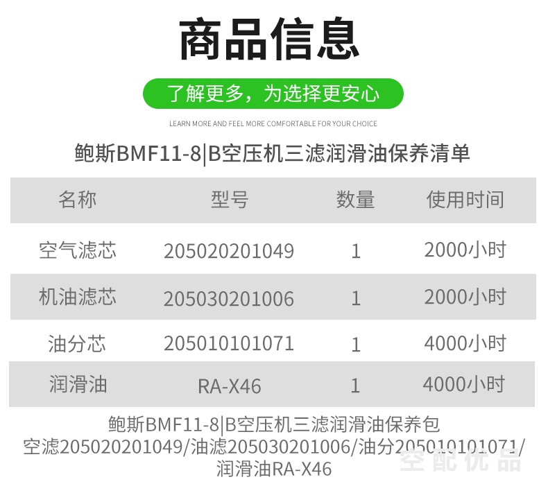 鲍斯BMF11-8|B空压机配件三滤+油保养包205010101071/205020201049/205030201006/RA-X46