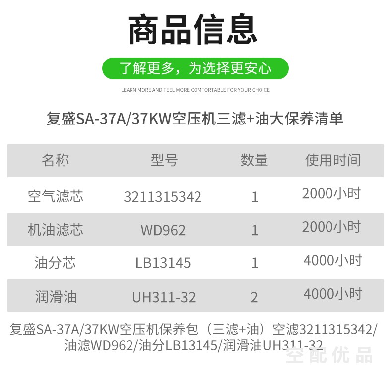 复盛SA-37A/37KW空压机配件三滤+油保养包LB13145/3211315342/WD962/UH311-32