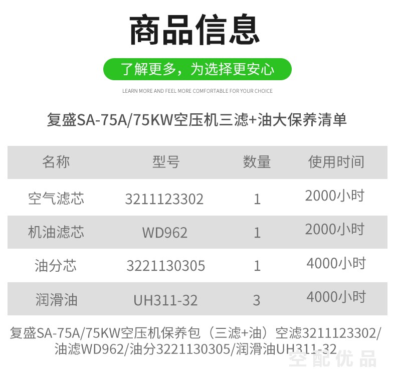 复盛SA-75A空压机配件三滤+油保养包3221130305/3211123302/WD962/UH311-32