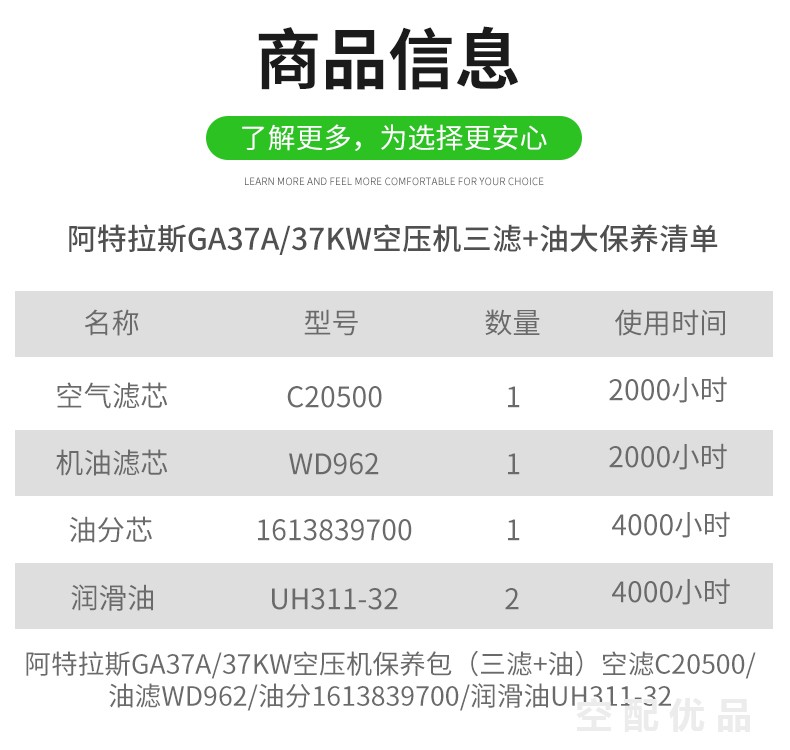 阿特拉斯GA37A空压机配件三滤+油保养包1613839700/C20500/WD962/UH311-32