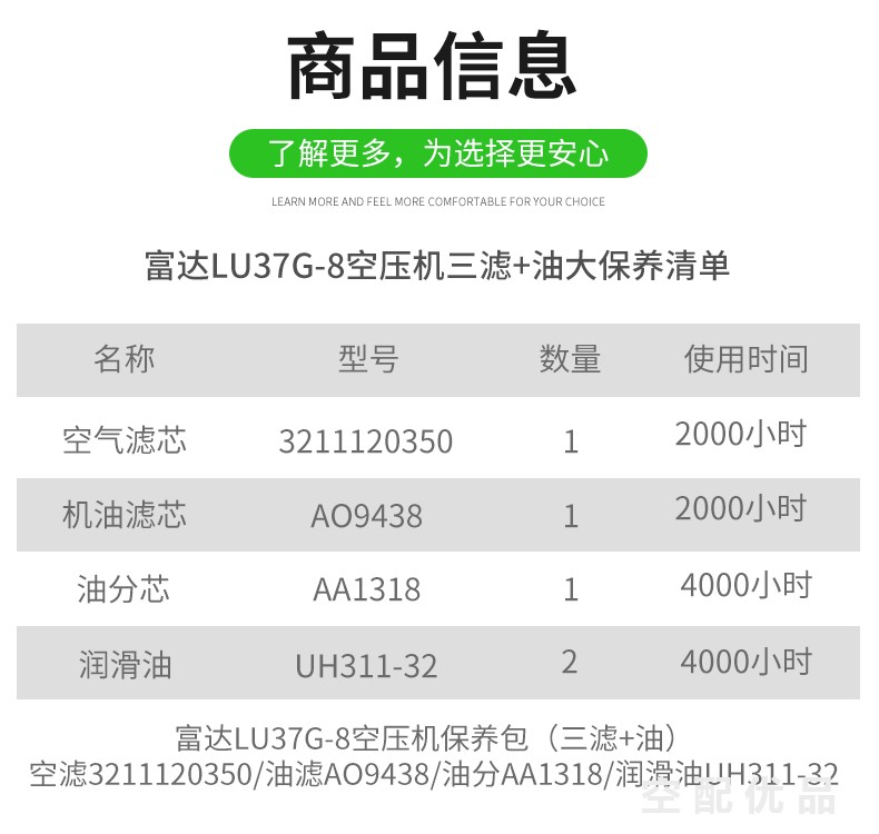 富达LU37G-8空压机配件三滤+油保养包AA1318/3211120350/AO9438/UH311-32