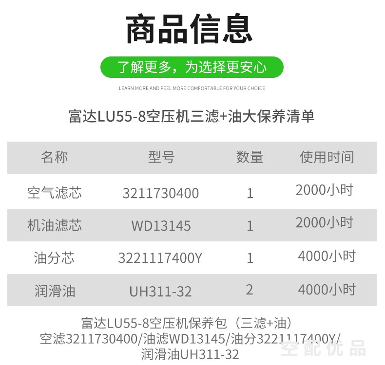 富达LU55-8空压机配件三滤+油保养包3221117400Y/3211730400/WD13145/UH311-32
