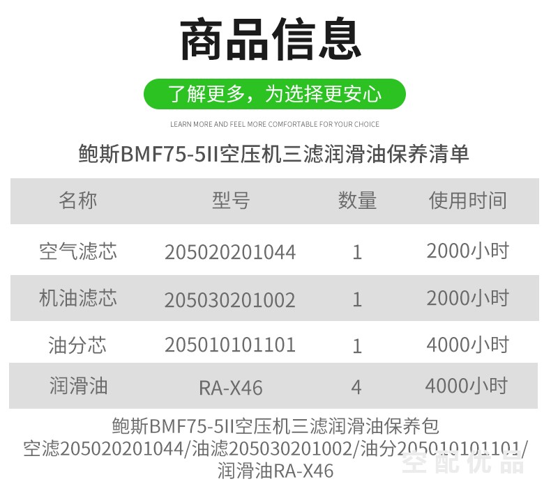 鲍斯BMF75-5II空压机配件三滤+油保养包205010101101/205020201044/205030201002/RA-X46