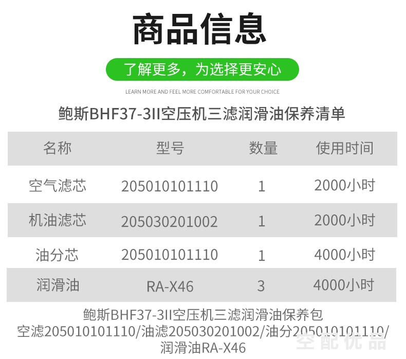 鲍斯BHF37-3II空压机配件三滤+油保养包205020201037/205010101110/205030201002/RA-X46