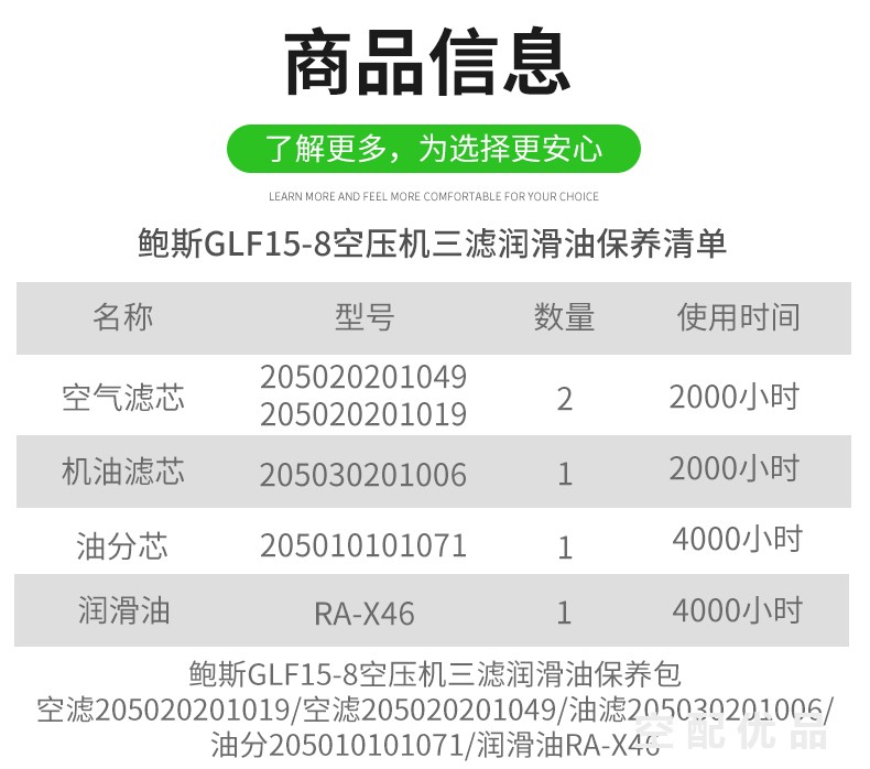 鲍斯GLF15-8空压机配件三滤+油保养包205030201006/205010101071/205020201049/205020201019/RA-X46