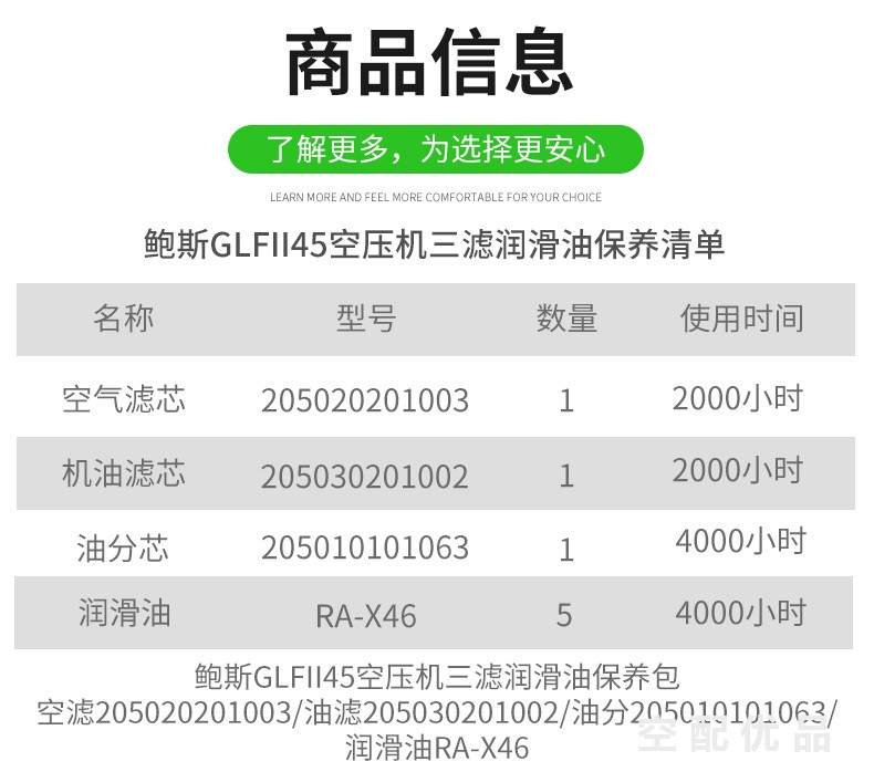 鲍斯GLFII45空压机配件三滤+油保养包205030201002/205020201003/205010101063/RA-X46