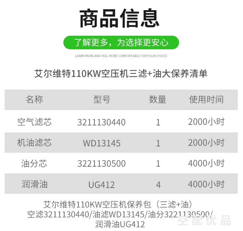 艾尔维特110KW空压机配件三滤+油保养包3221130500/WD13145/3211130440/UG412