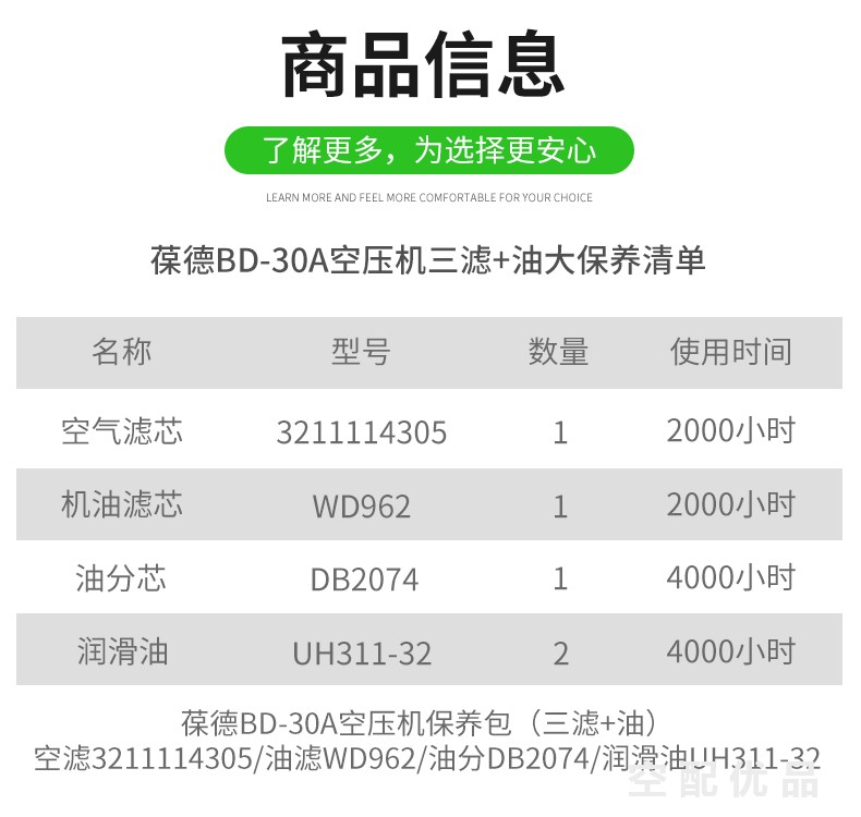 葆德BD-30A空压机配件三滤+油保养包3211114305/DB2074/WD962/UH311-32