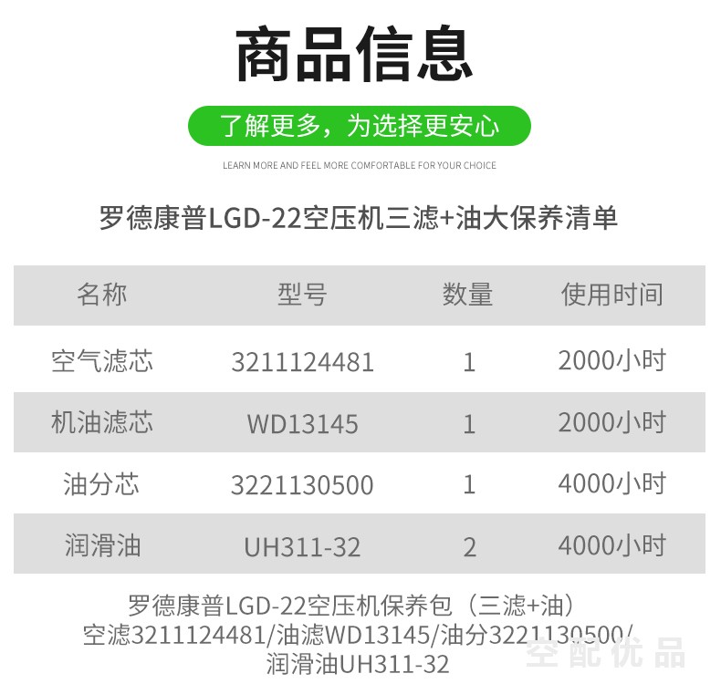 罗德康普LGD-22配件三滤+油保养包3211124481/3221130500/WD13145/UH311-32