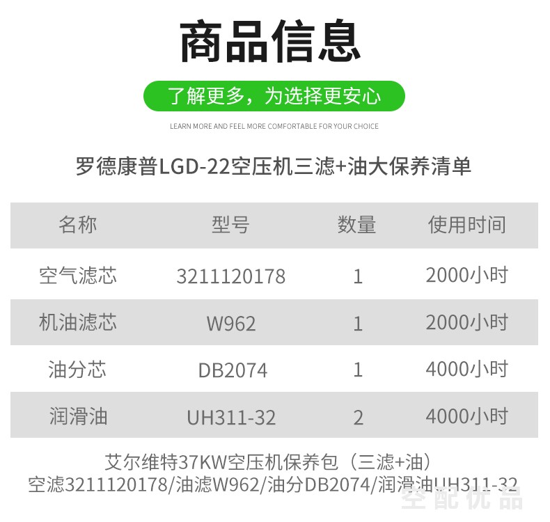 艾尔维特37KW空压机配件三滤+油保养包3211120178/DB2074/W962/UH311-32