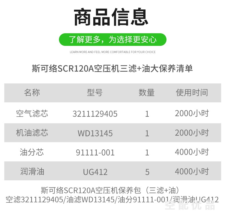 斯可络SCR120A配件三滤+油保养包3211129405/91111-001/WD13145/UG412