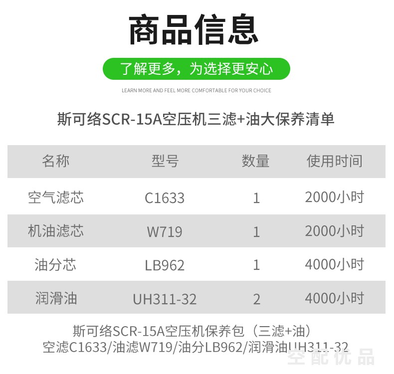 斯可络SCR-15A空压机配件三滤+油保养包W719/LB962/C1633/UH311-32