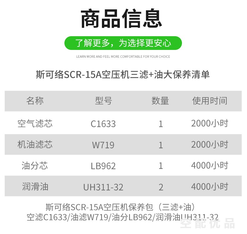 斯可络SCR-15A空压机配件三滤+油保养包W719/LB962/C1633/UH311-32