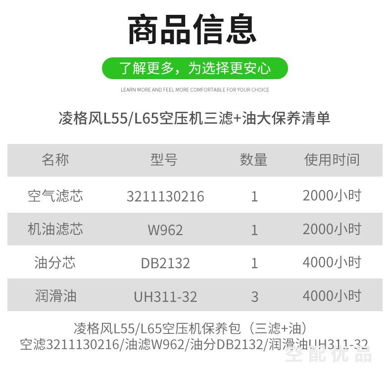 凌格风L55/L65空压机配件三滤+油保养包3211130216/DB2132/W962/UH311-32