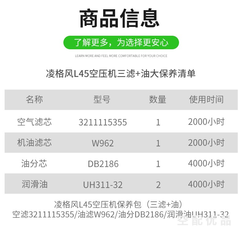 凌格风L45/45KW空压机配件三滤+油保养包3211115355/DB2186/W962/UH311-32