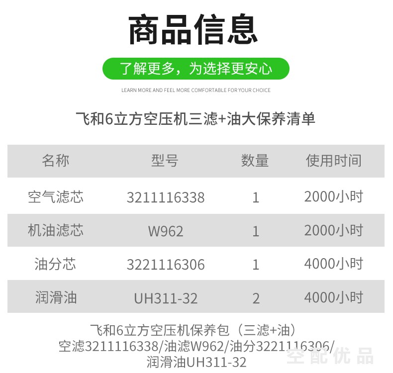 飞和37KW6立方配件三滤+油保养包W962/3211116338/3221116306/UH311-32