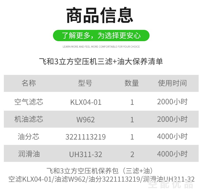 飞和3立方空压机配件三滤+油保养包W962/KLX04-01/3221113219/UH311-32