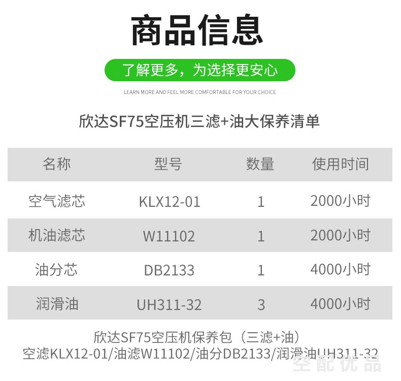 欣达SF75空压机配件三滤+油保养包KLX12-01/W11102/DB2133/UH311-32