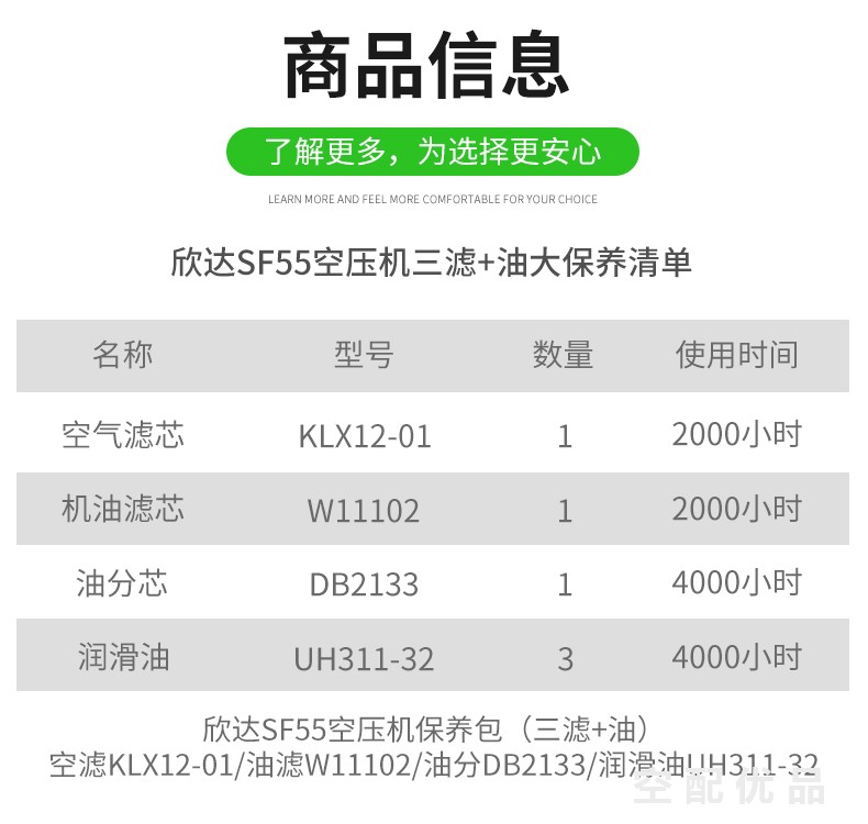 欣达SF45空压机配件三滤+油保养包DB2133/W11102/KLX12-01/UH311-32