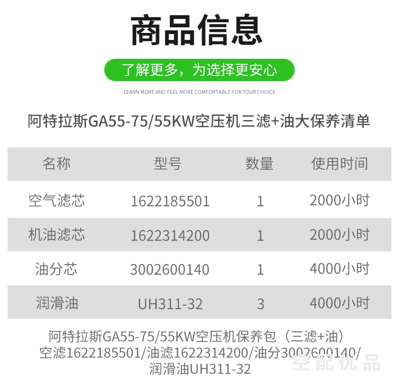 阿特拉斯GA55-75配件三滤+油保养包1622185501/3002600140/1622314200/UH311-32