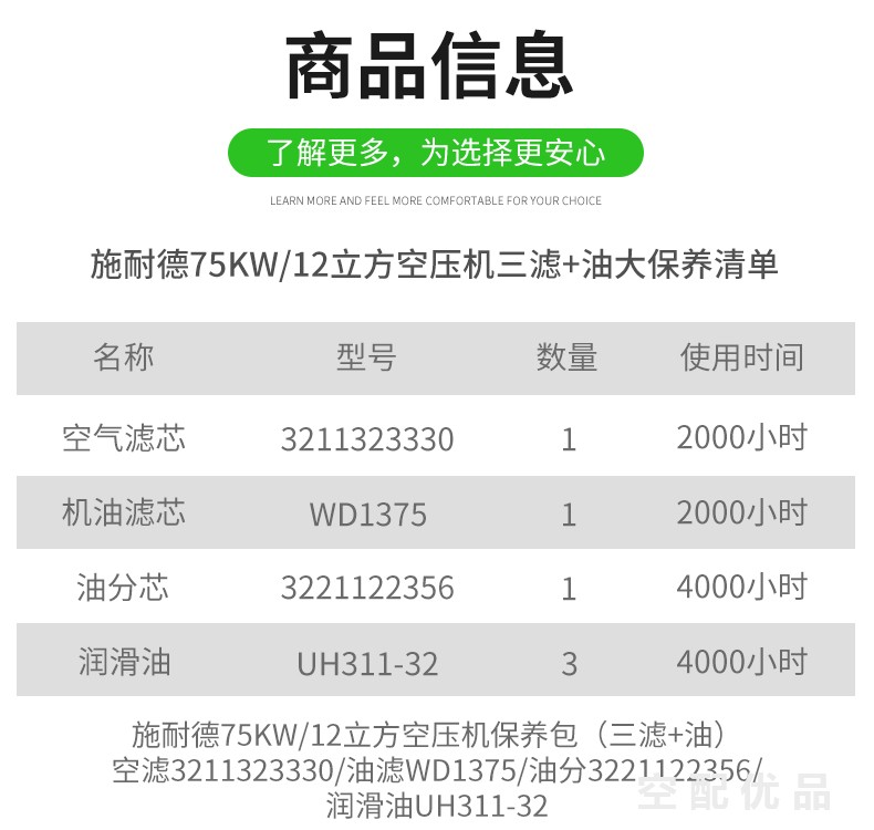 施耐德75KW空压机配件三滤+油保养包3221122356/3211323330/WD1375/UH311-32