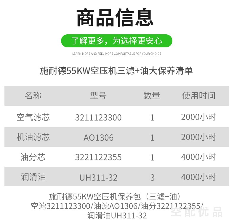 施耐德55KW空压机配件三滤+油保养包3211123300/3221122355/AO1306/UH311-32