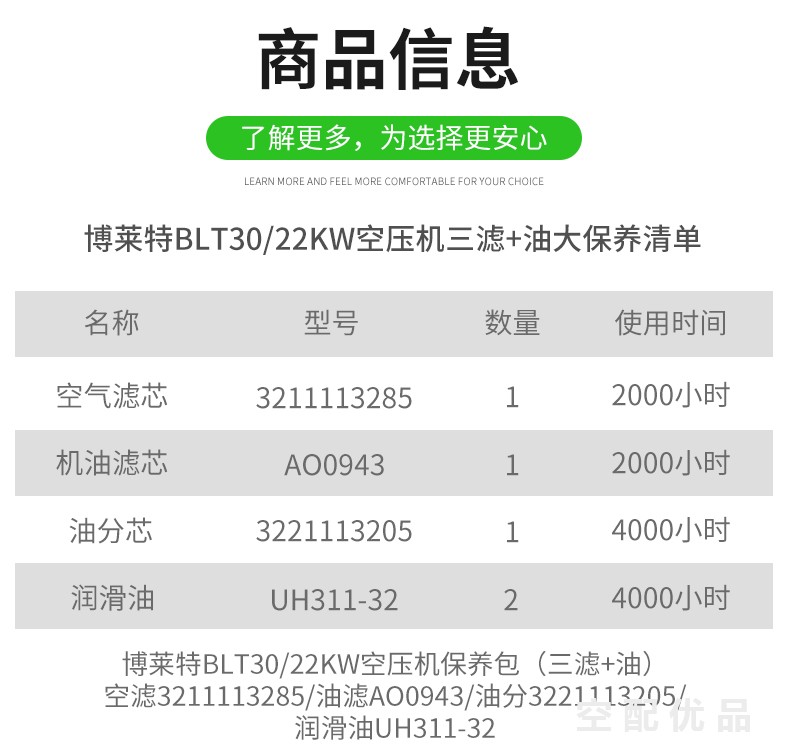 博莱特BLT30/22KW配件三滤+油保养包3221113205/3211113285/AO0943/UH311-32