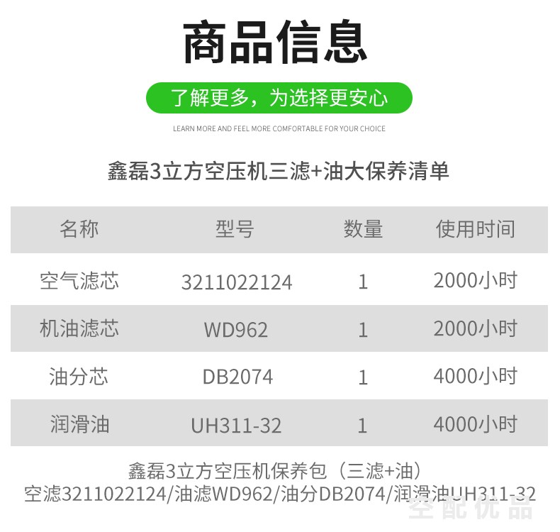 鑫磊3立方空压机配件三滤+油保养包DB2074/3211022124/WD962/UH311-32