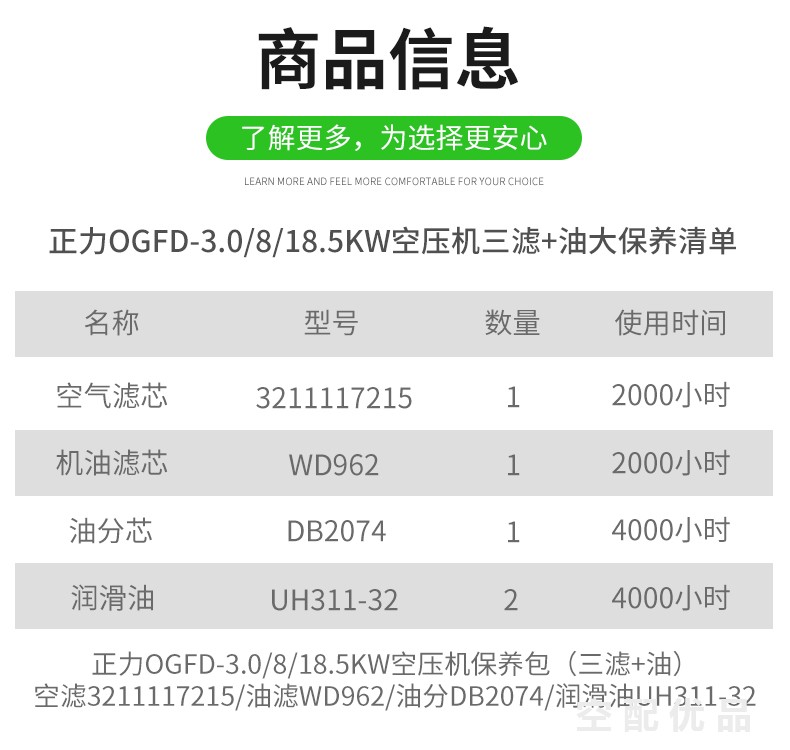正力OGFD-3.0/8/18.5KW配件三滤+油保养包DB2074/3211117215/WD962/UH311-32