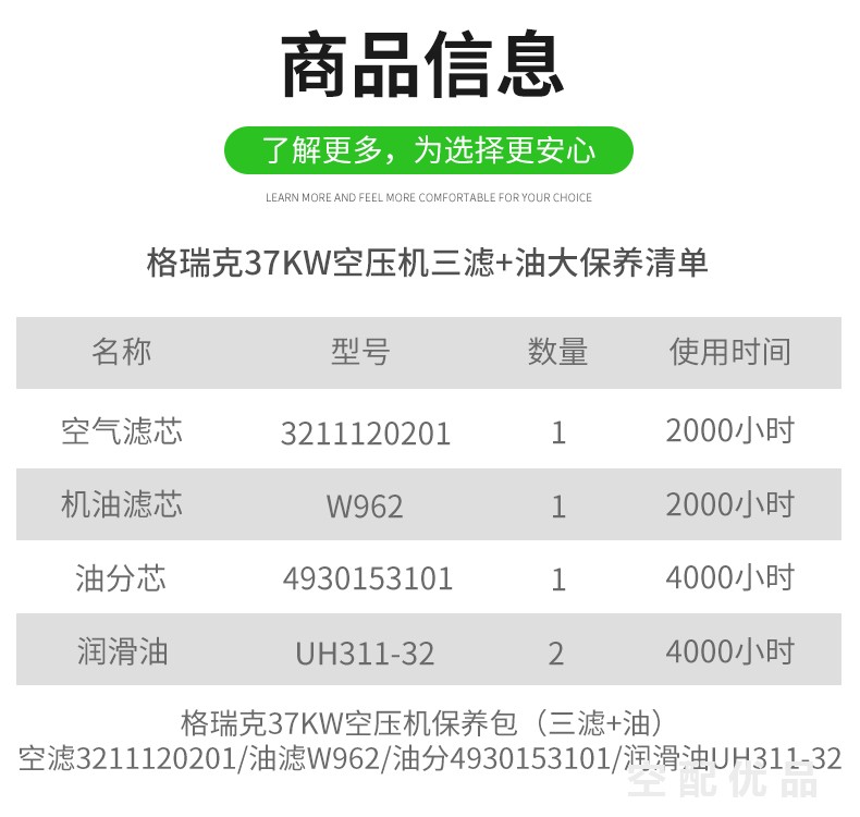 格瑞克37KW配件三滤+油保养包4930153101/3211120201/W962/UH311-32