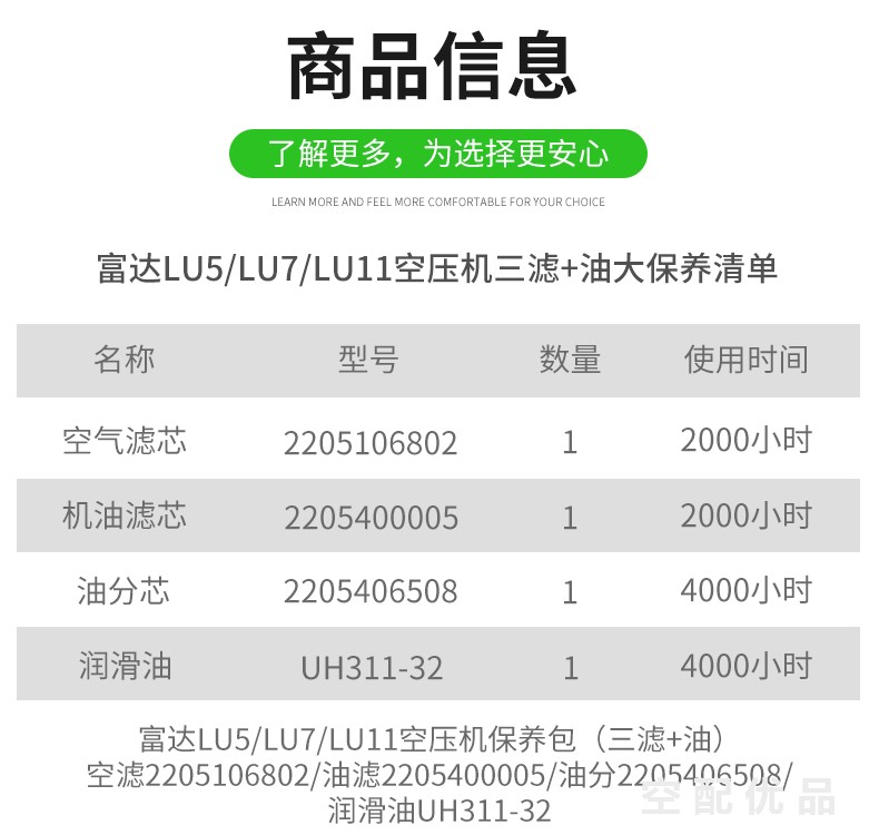 富达LU5/LU7/LU11配件三滤+油保养包2205406508/2205106802/2205400005/UH311-32