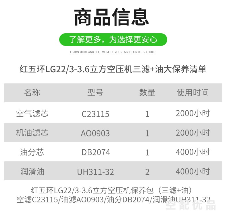 红五环LG22配件三滤+油保养包DB2074/C23115/AO0903/UH311-32