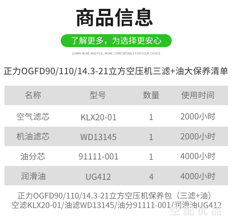 正力OGFD90/110KW配件三滤+油保养包91111-001/KLX20-01/WD13145/UG412