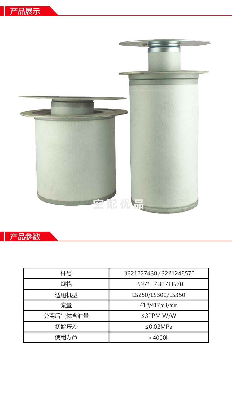 阿普达3221227430油分替代寿力250034-130/250034-124油气分离器芯